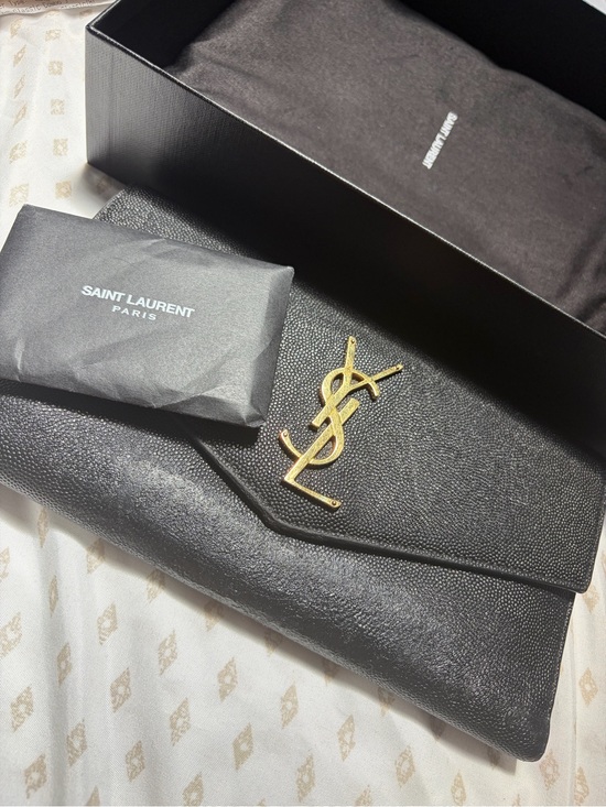 Saint Laurent Handbags - Saint Laurent Black Grain Uptown Leather Clutch with Gold YSL Emblem